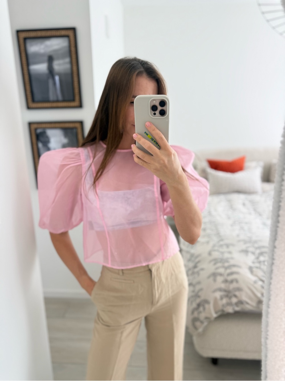 Divided Sheer Pink Puff-Sleeve Crop Top
